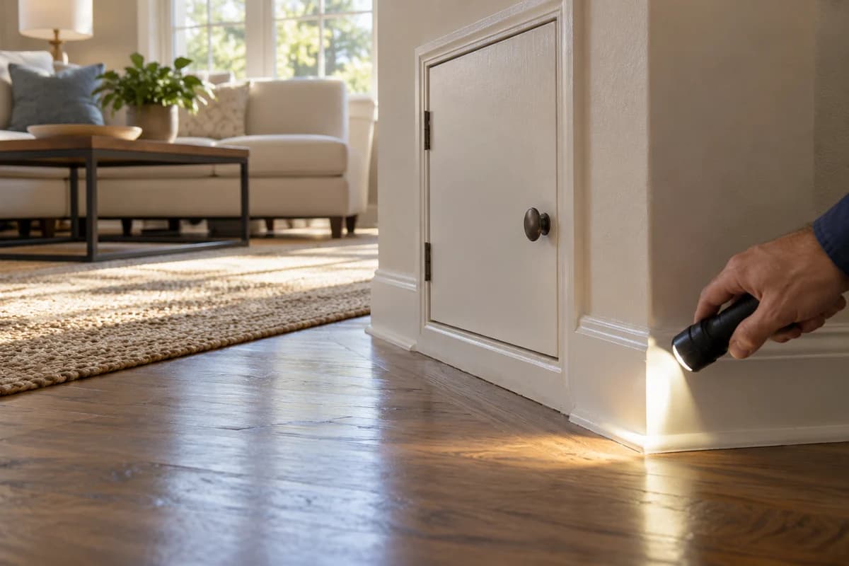 Fictional inspector using a flashlight near a baseboard and access hatch in a North Texas home.