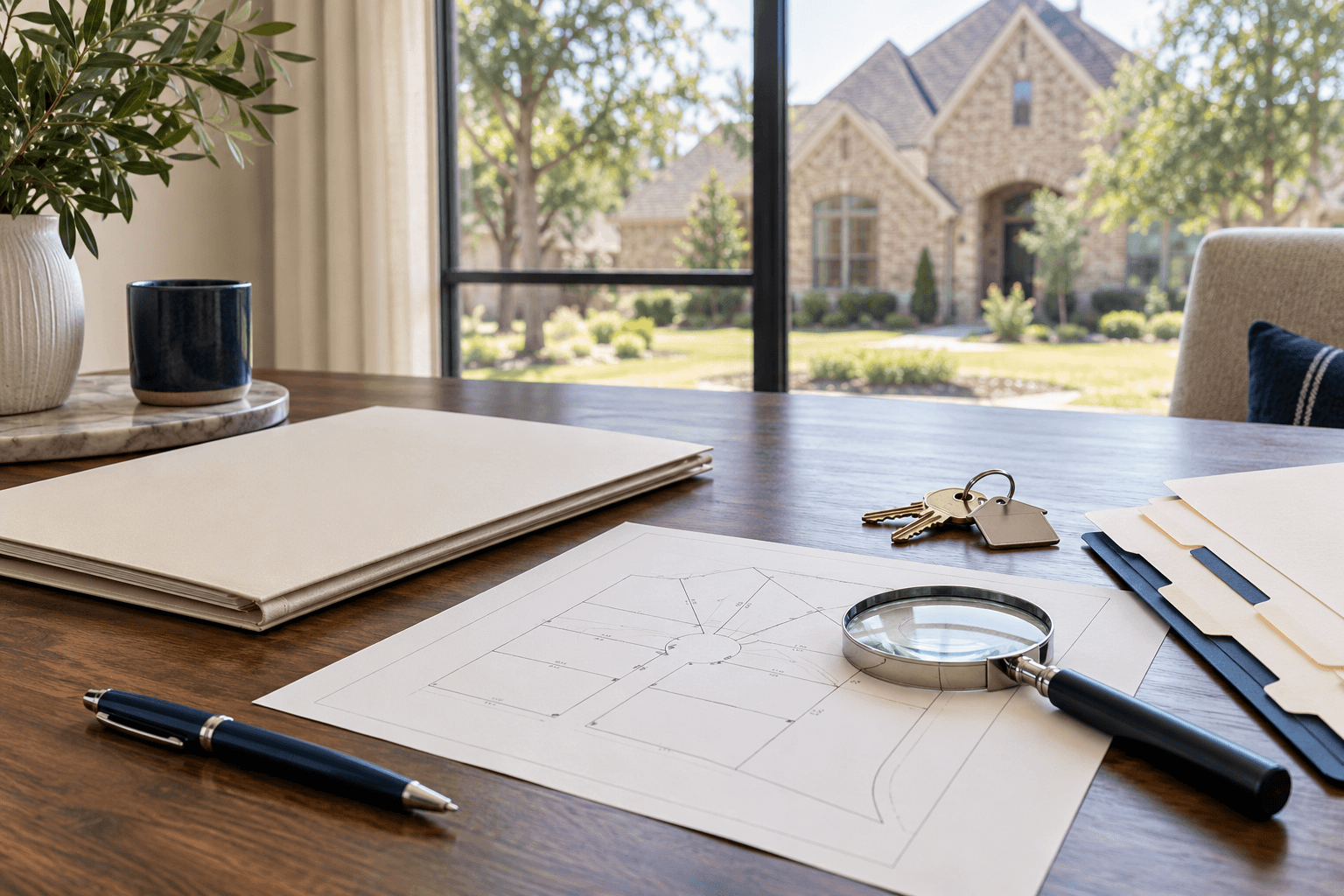 Dallas title-review workspace with a blank folder, property sketch, magnifying glass and house keys