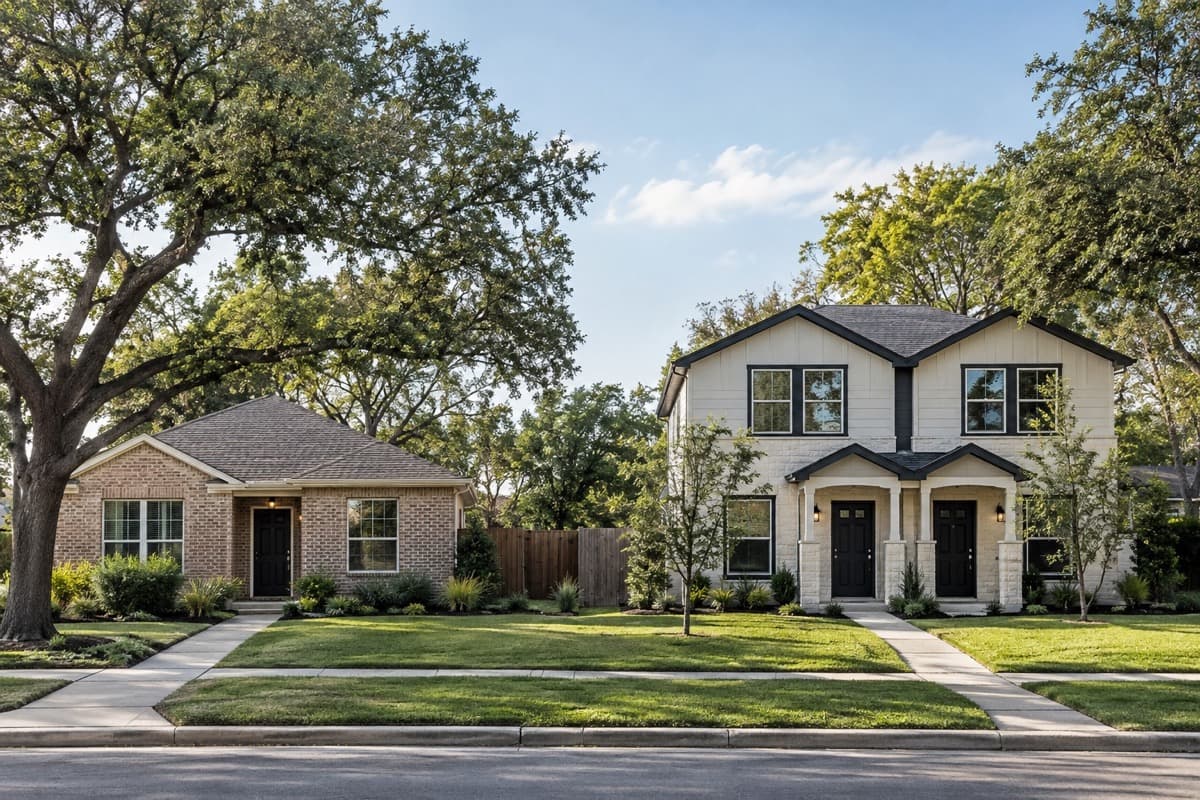 Single-family rental and duplex buildings compared in a North Texas neighborhood