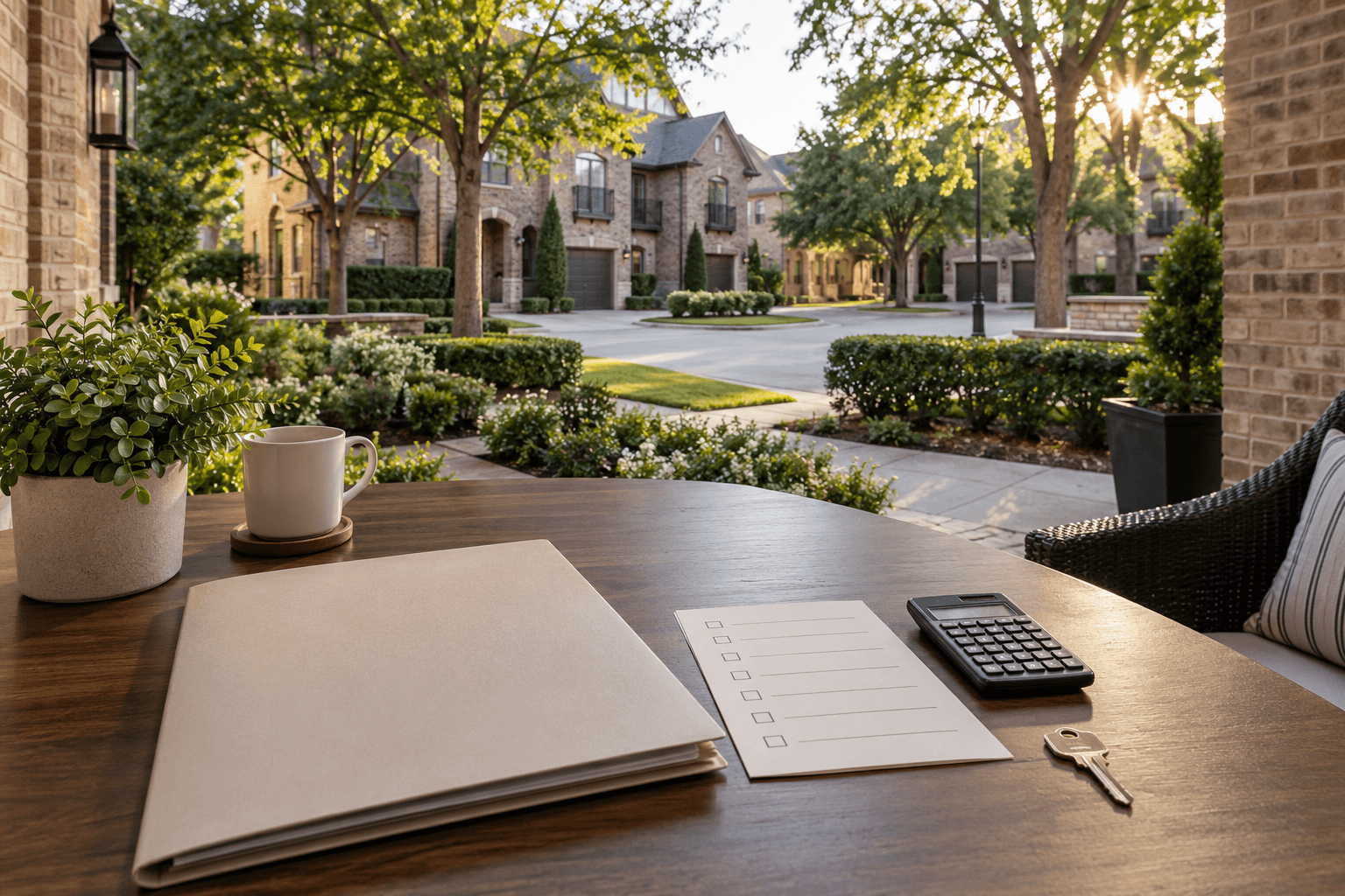 Dallas-area townhome community beyond a rental due-diligence table with a blank folder, checklist, calculator and key