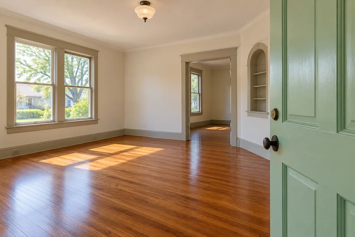 Older-style painted mint-green interior door in a clean, sunlit fictional North Texas rental room.