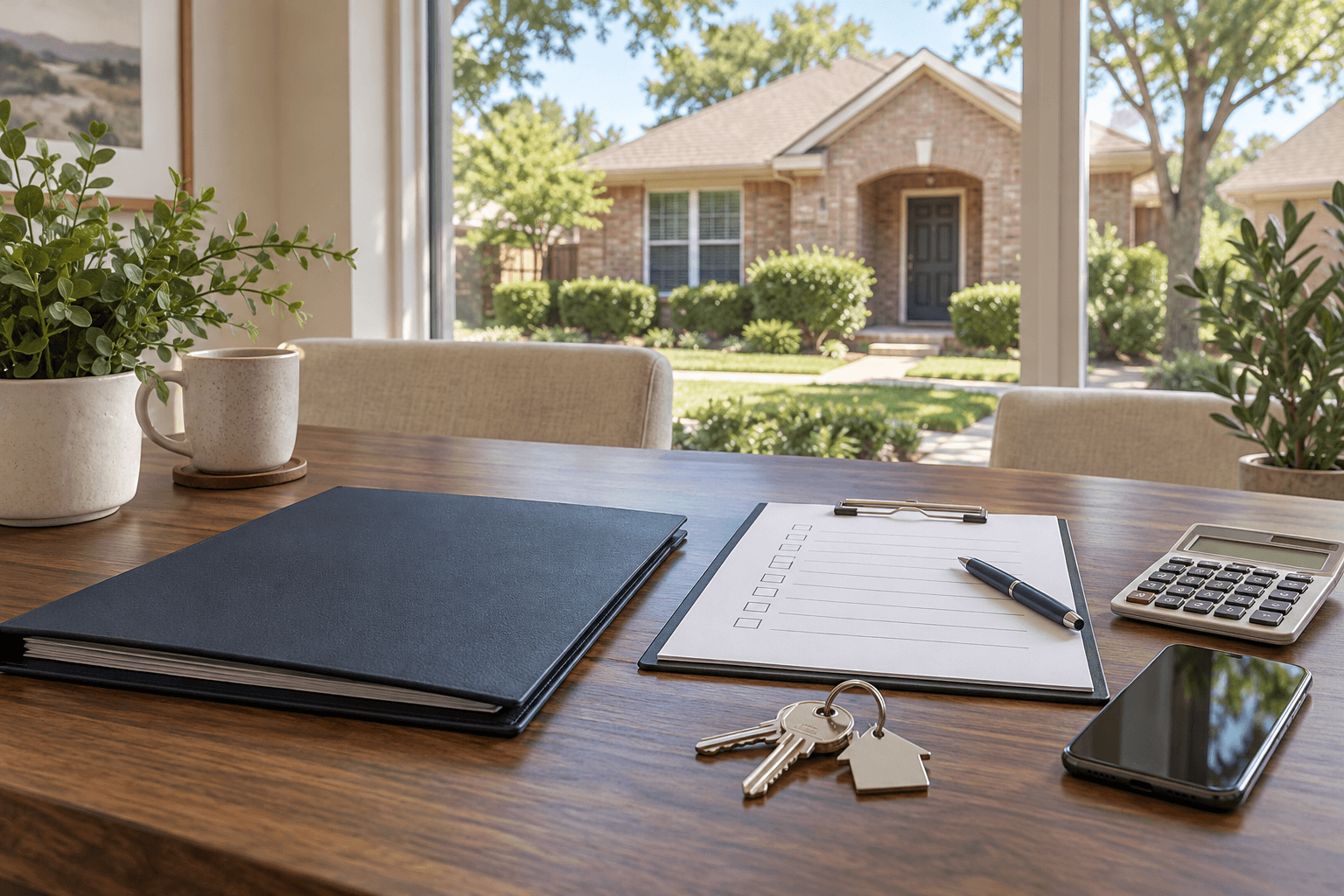 Dallas rental home beyond a management-review table with a blank folder, checklist, calculator, phone and keys
