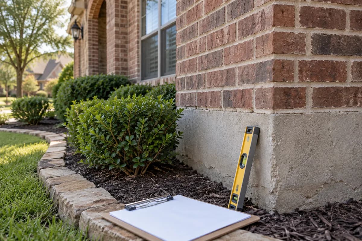 Level and clipboard beside the brick foundation of a North Texas home