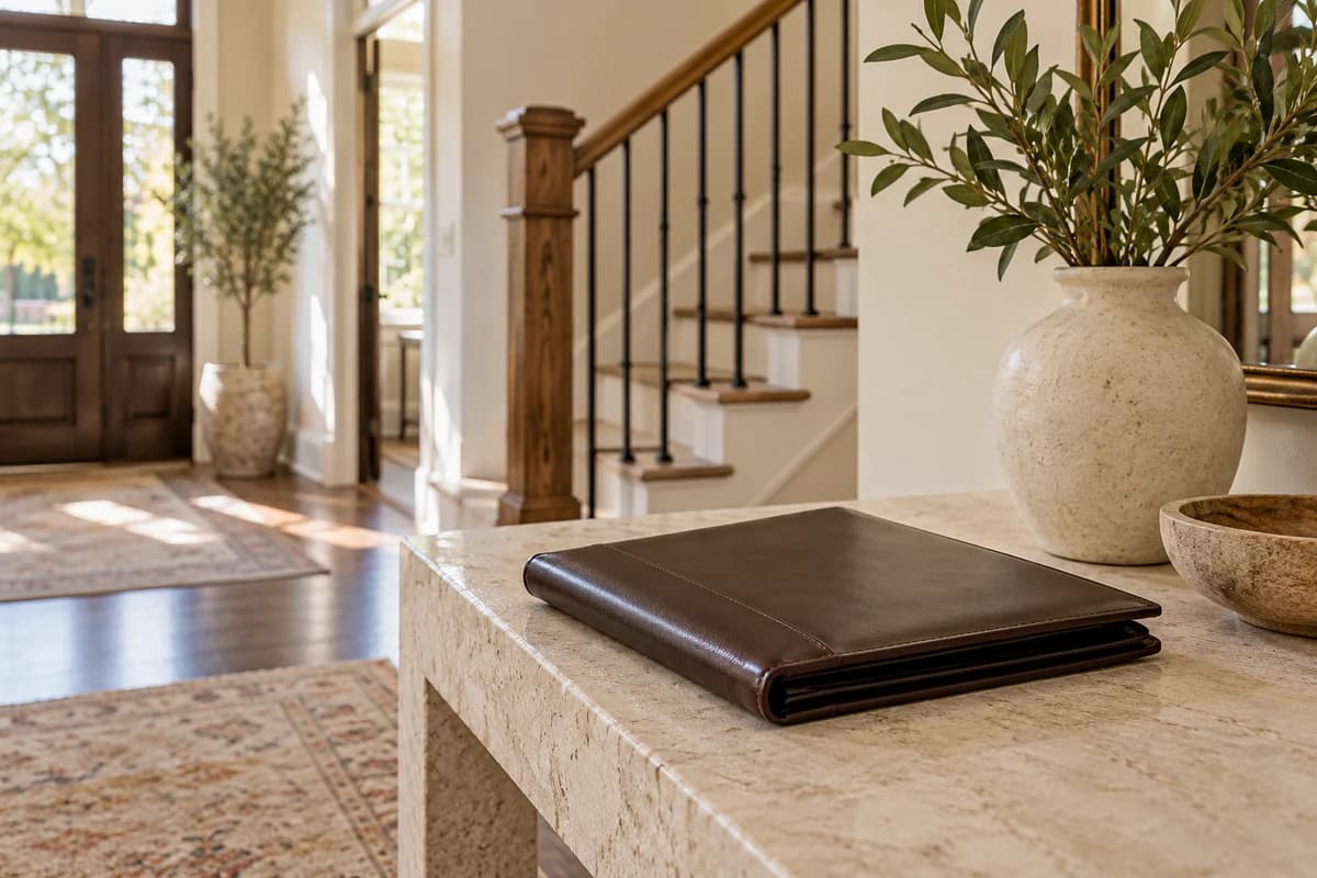 Closed portfolio on a sunny home entry table, representing plans for a property sale.