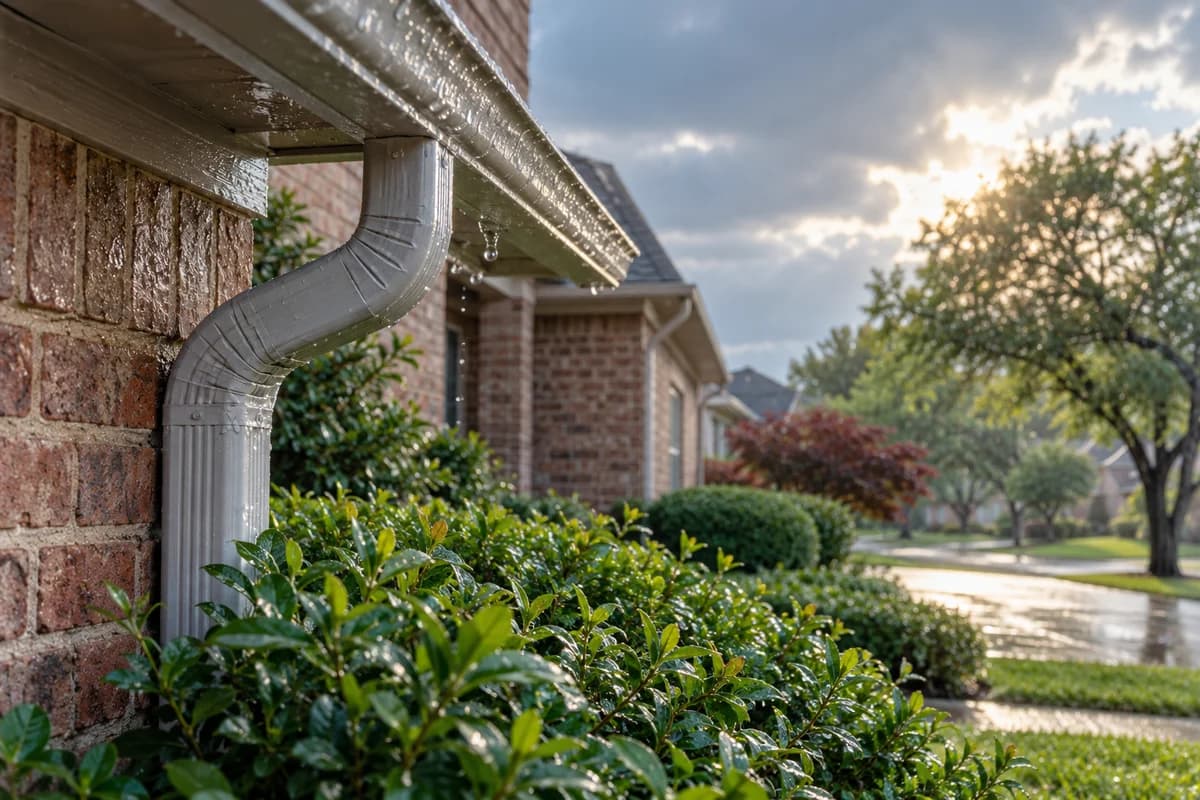 Rain-wet gutter and shrubs beside a North Texas house after a passing storm.