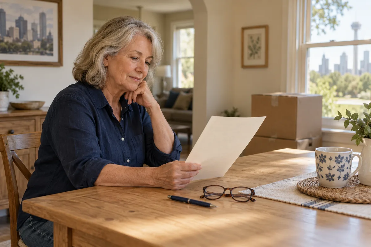 Mature homeowner reading a paper at a dining table with a moving box beside the window