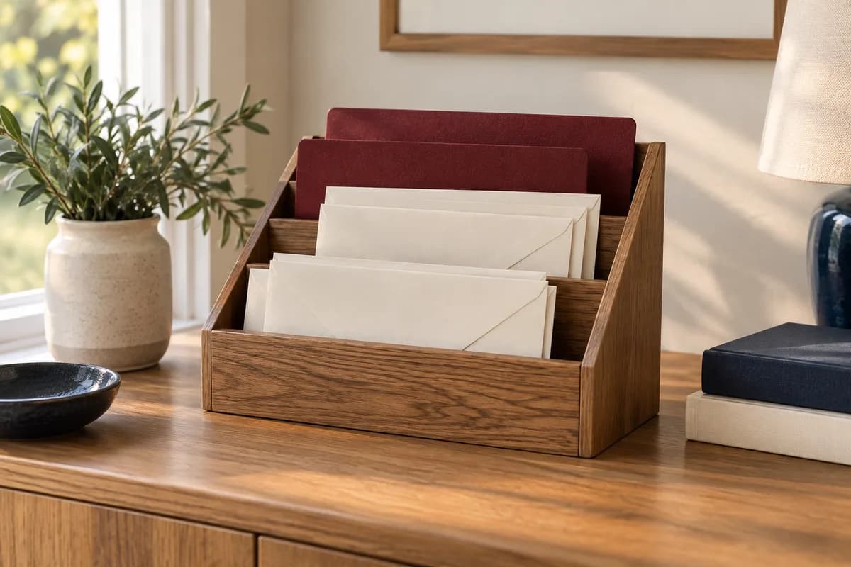 Wooden letter organizer with blank cream envelopes and burgundy folder dividers on a sunlit sideboard