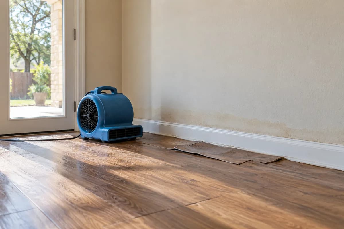 Water-stained wall and lifted flooring beside a blue drying fan in a sunlit room