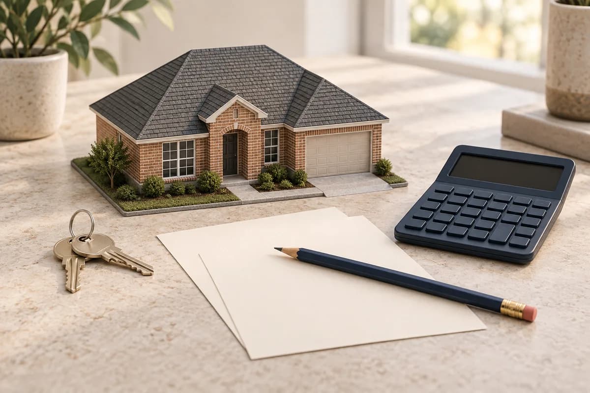 Illustration of a model brick house, calculator, keys and blank paper on a table