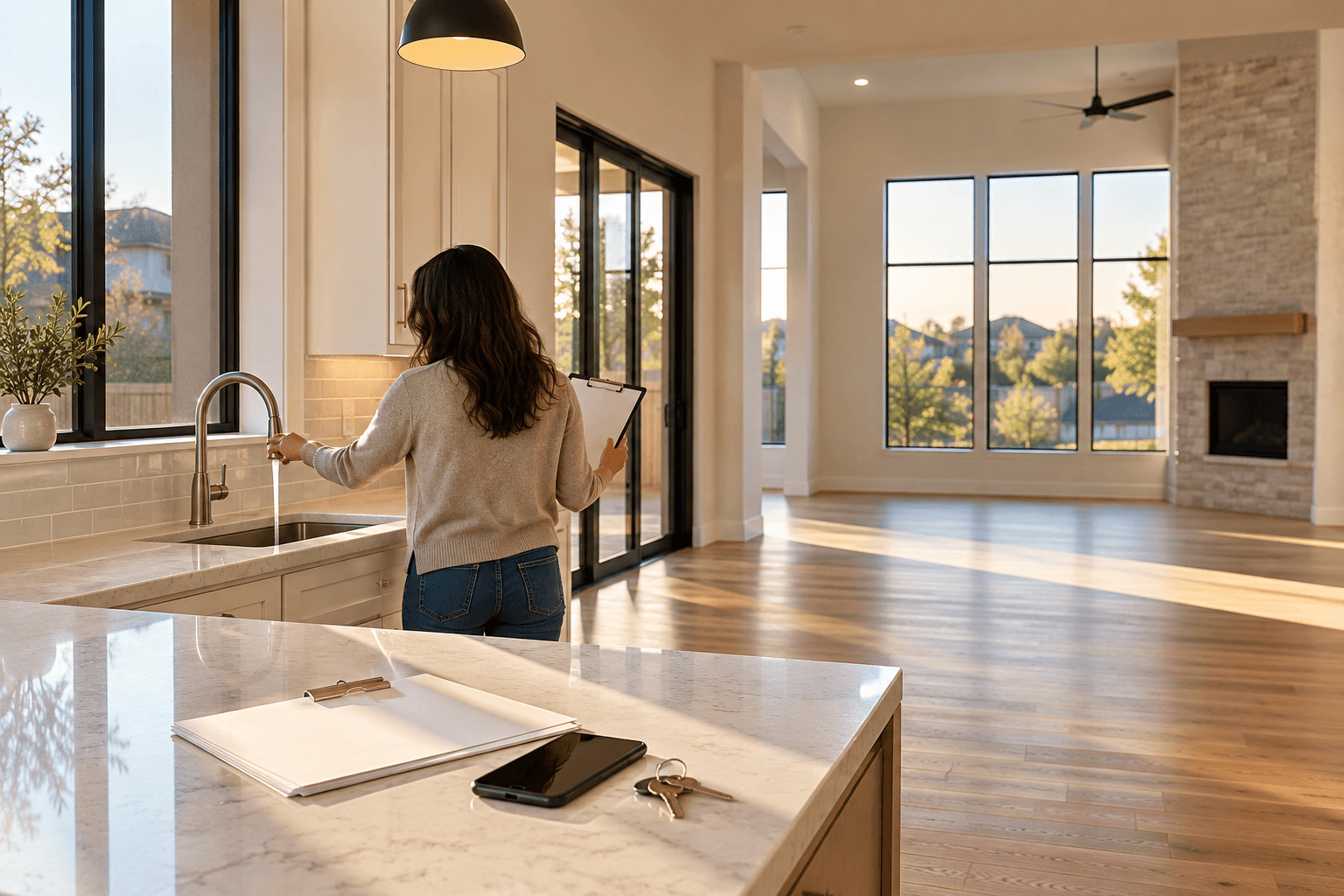Buyer holding a blank clipboard while checking a faucet in a fictional North Texas home before closing.