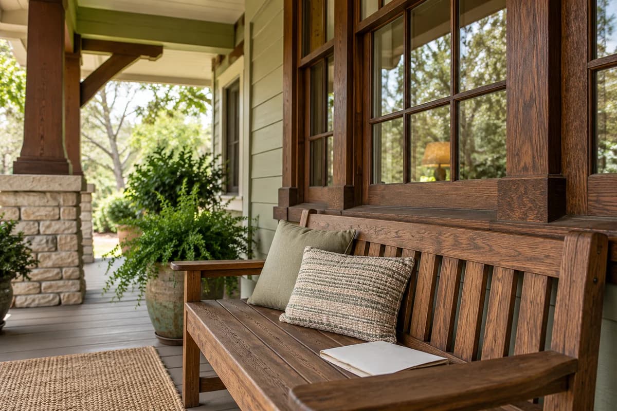 Fictional older North Texas home porch with wood window trim and a blank remodel sketch.