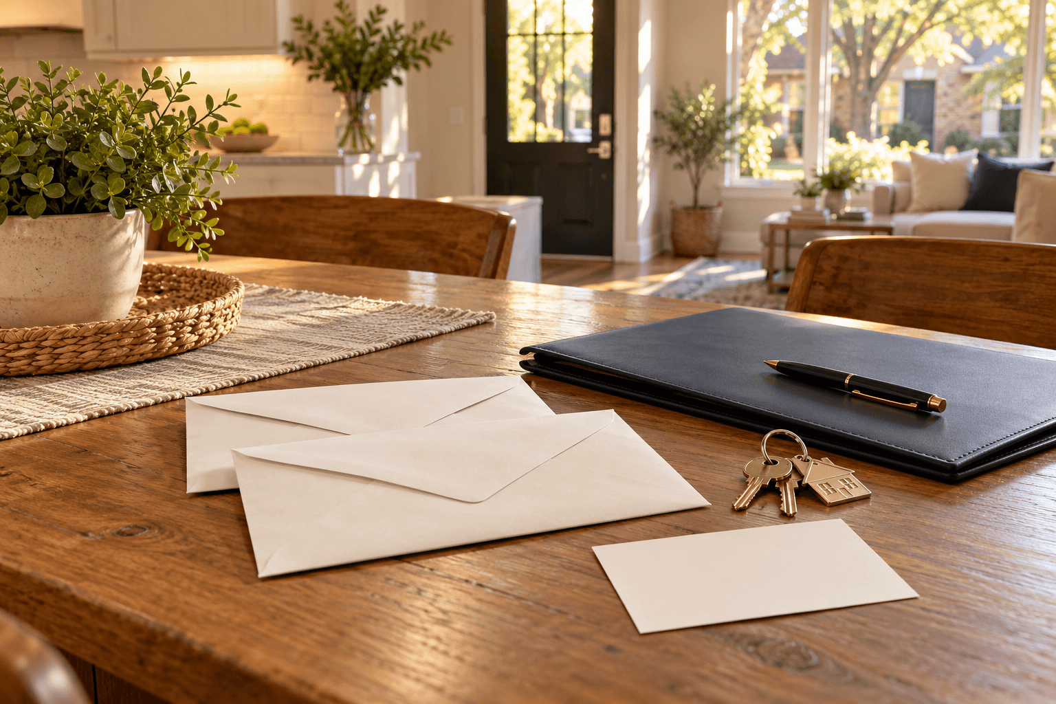 Two plain envelopes, a blank receipt card, folder and house keys on a Dallas home table