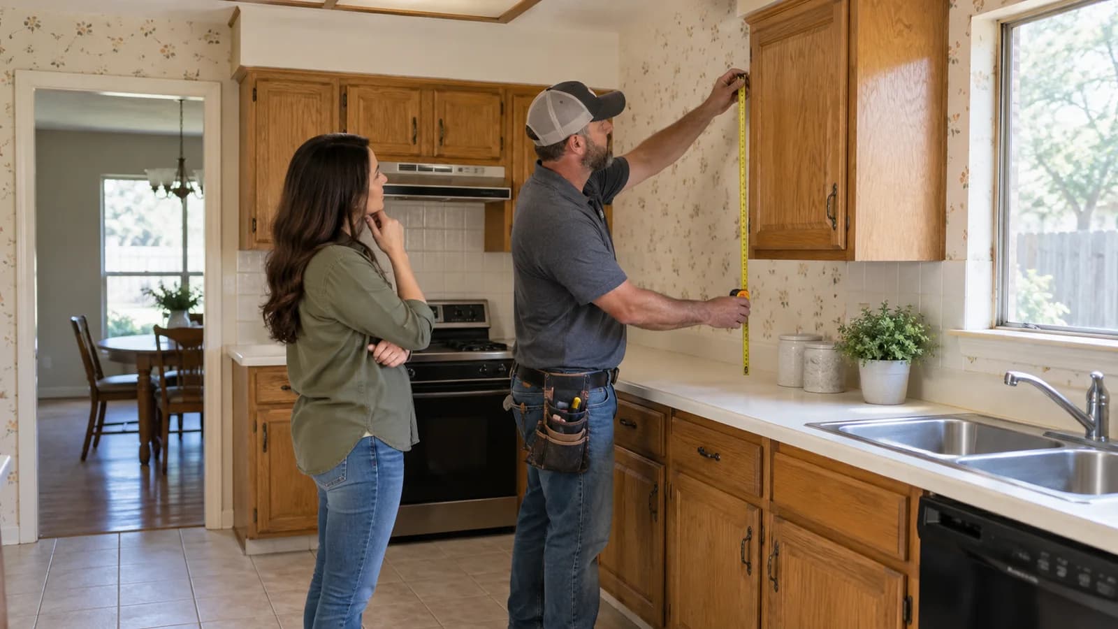 Buyer and contractor evaluating a dated Dallas kitchen for renovation
