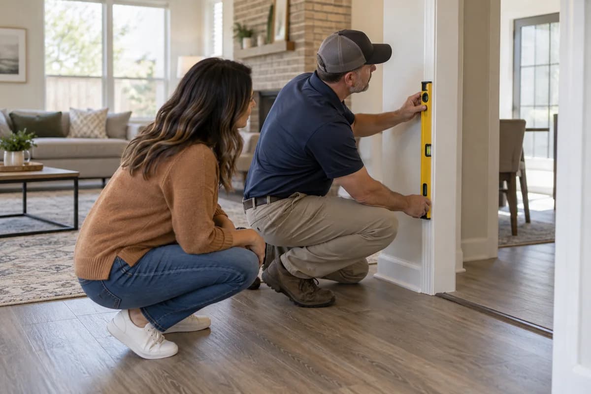 Buyer and home inspector reviewing foundation indicators in a Dallas house