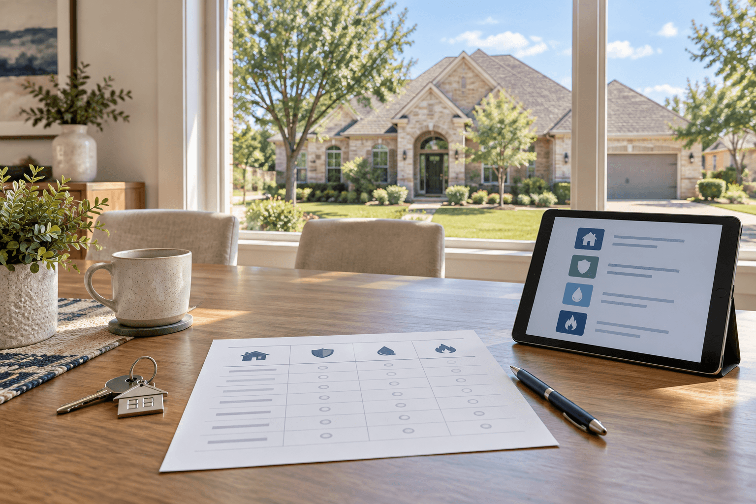 Dallas home visible beyond a table with a blank insurance comparison sheet, tablet, pen and house key