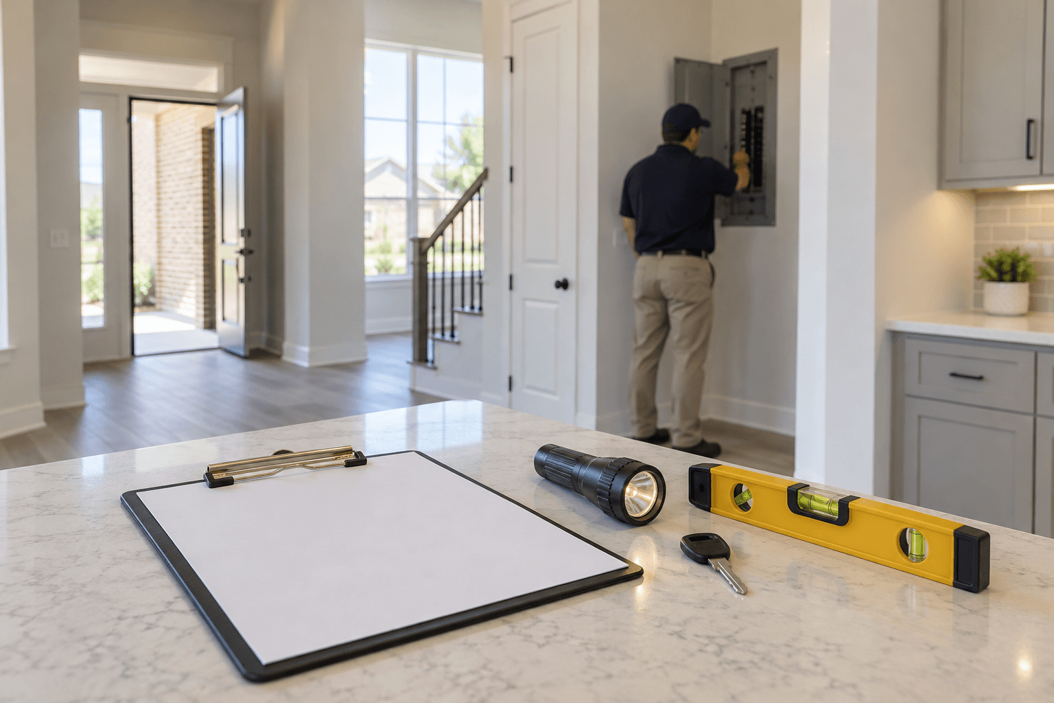 Dallas new-build interior with a blank inspection clipboard, flashlight, level, key and inspector checking an electrical panel