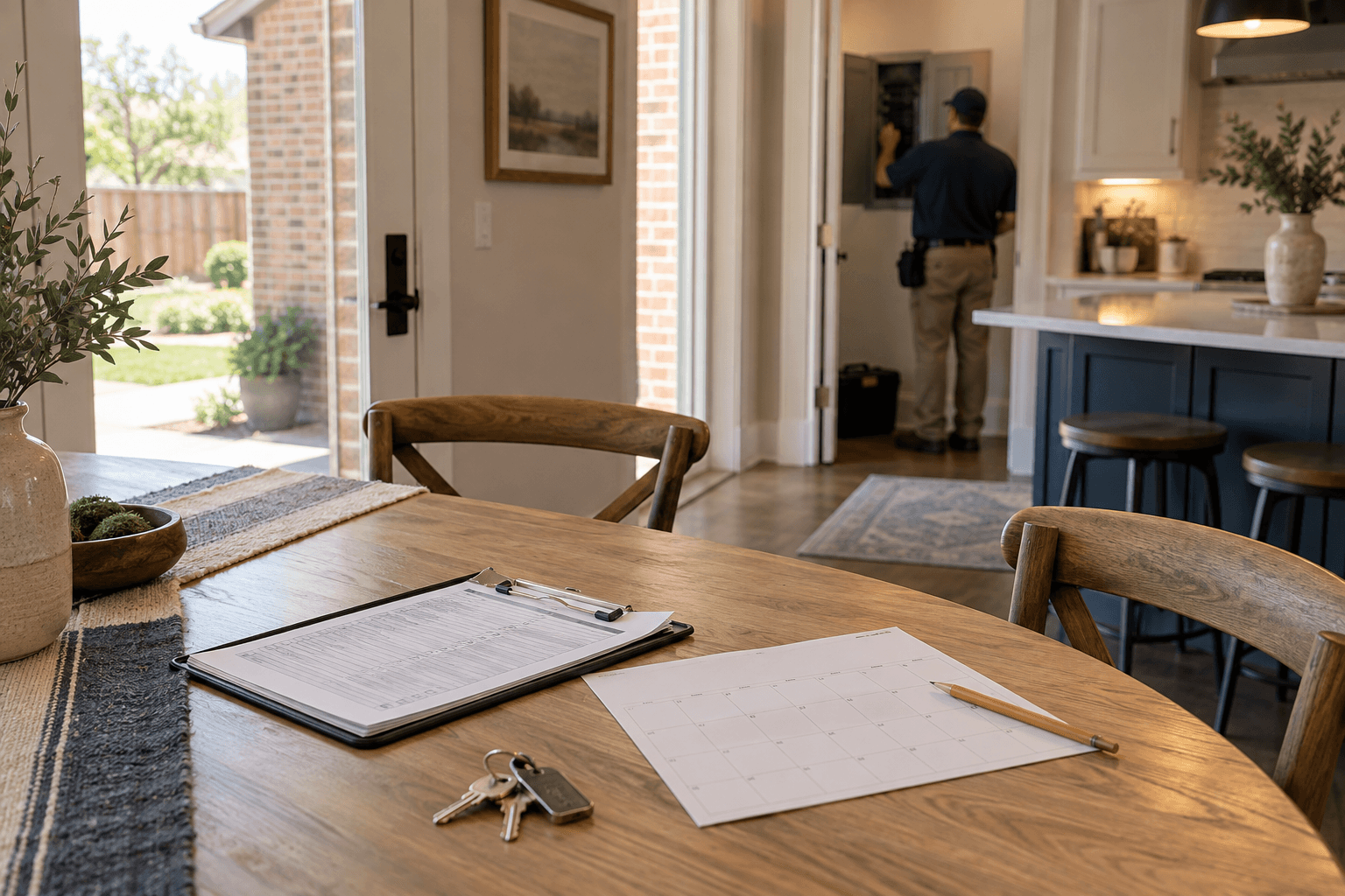 Dallas home inspection planning table with a calendar, keys and an inspector in the background