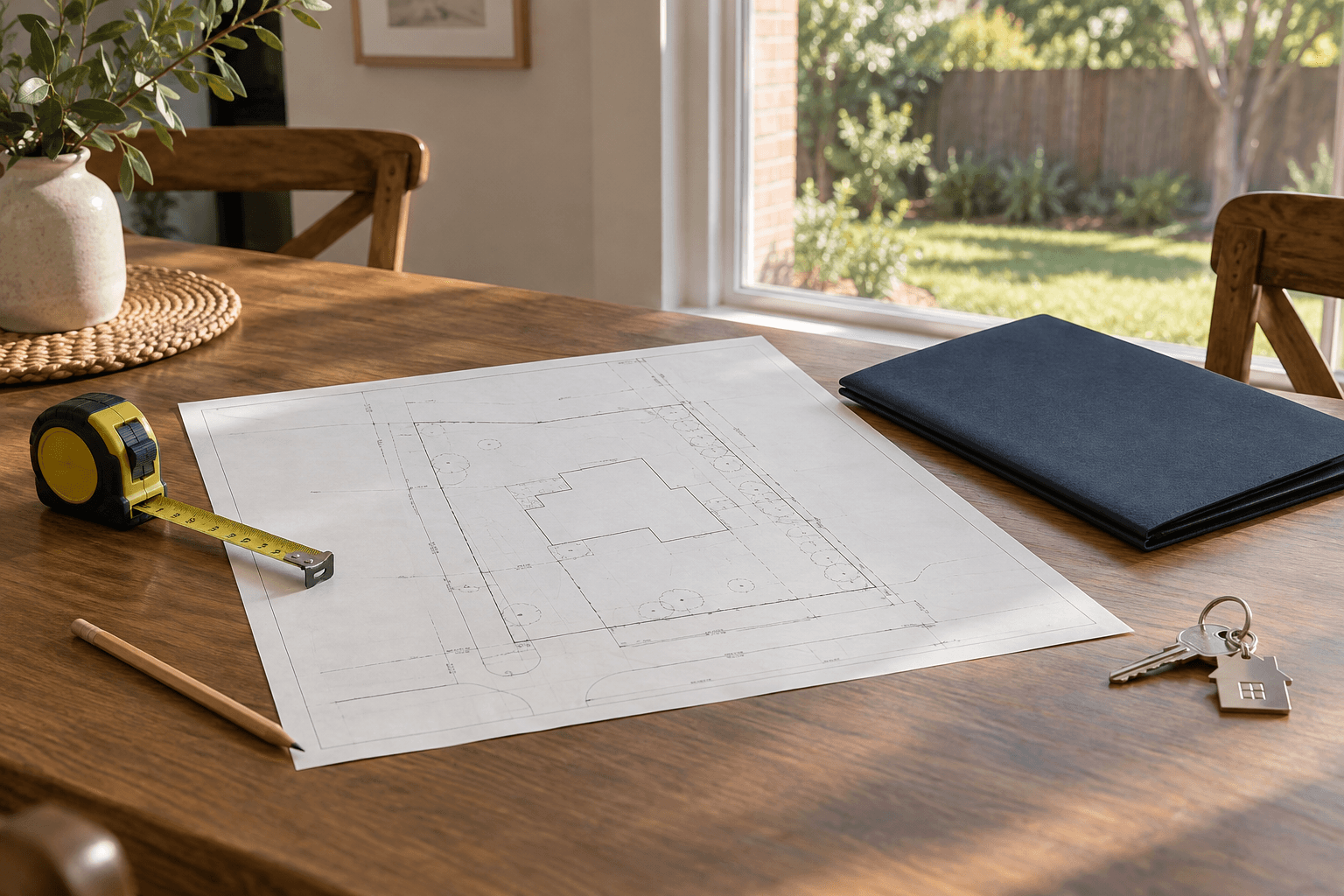 Property survey, measuring tape, folder and house keys on a sunlit table in a North Texas home