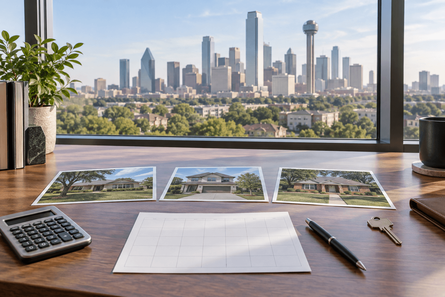 Three Dallas replacement-property photo cards, blank calendar, calculator, pen and key arranged on a planning desk