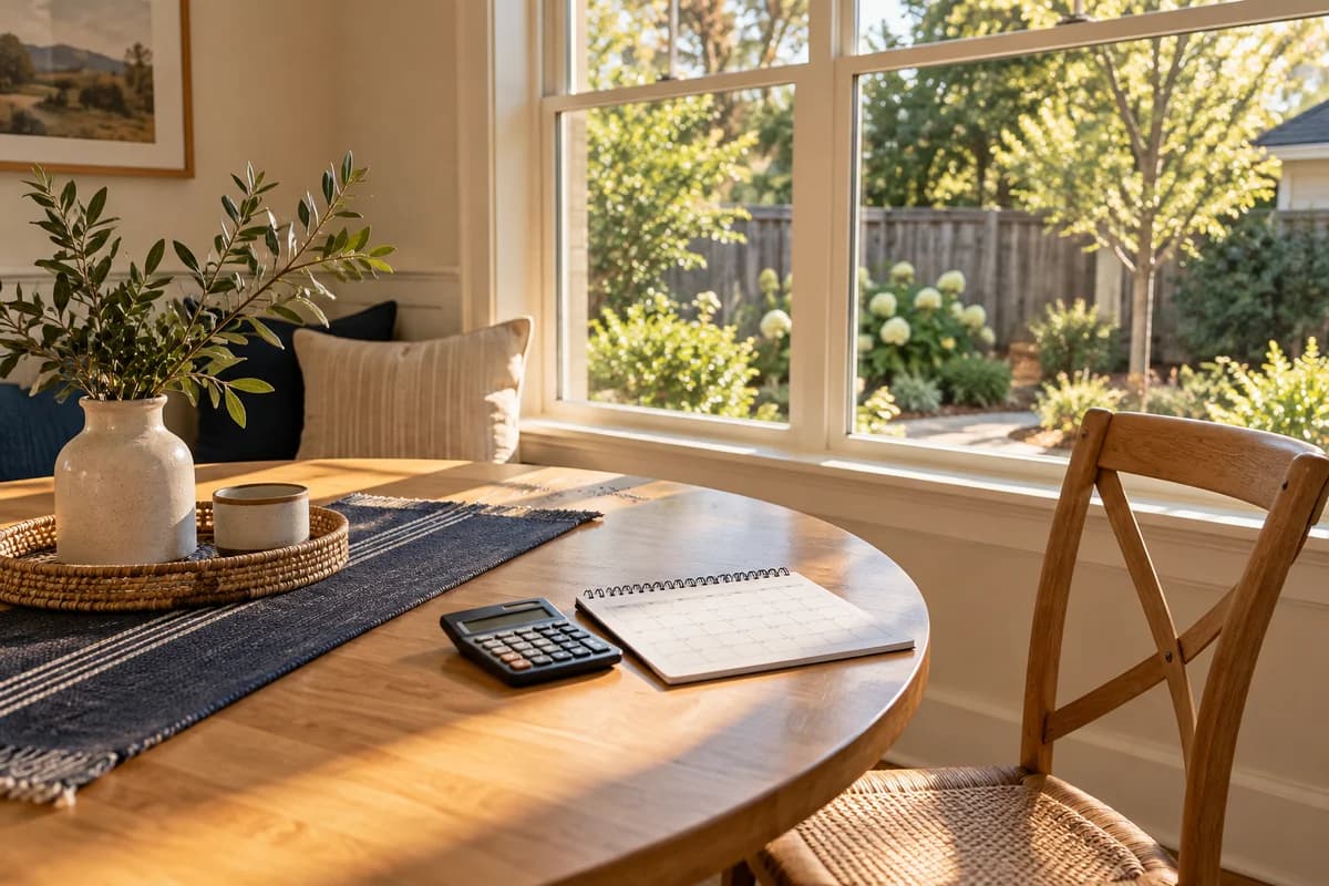 Simple calculator and blank calendar on a table in a fictional sunlit rental breakfast nook.