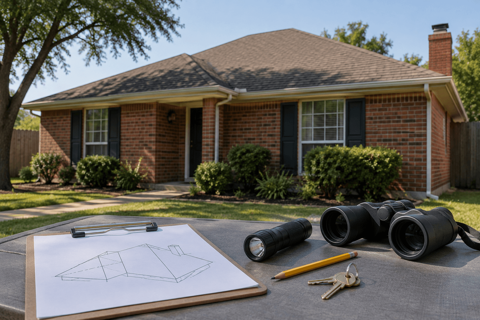 North Texas brick rental home roofline beyond a clipboard, binoculars, flashlight and keys