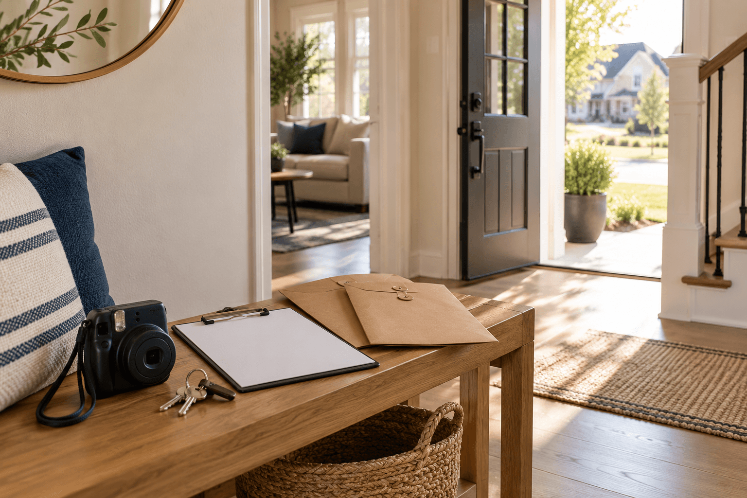 Blank condition clipboard, camera, keys and plain envelopes in a fictional North Texas rental entry.