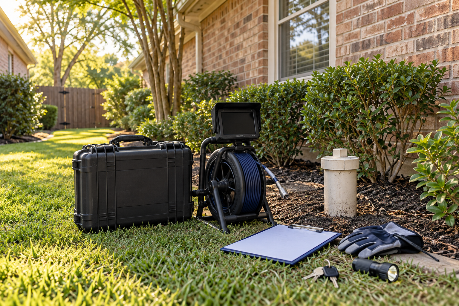 Drain-camera equipment beside a cleanout at a North Texas brick rental home