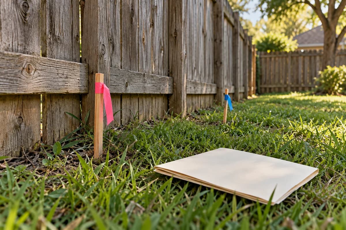 Wooden fence, two colored stakes and a blank folded sheet in a fictional boundary-review scene.