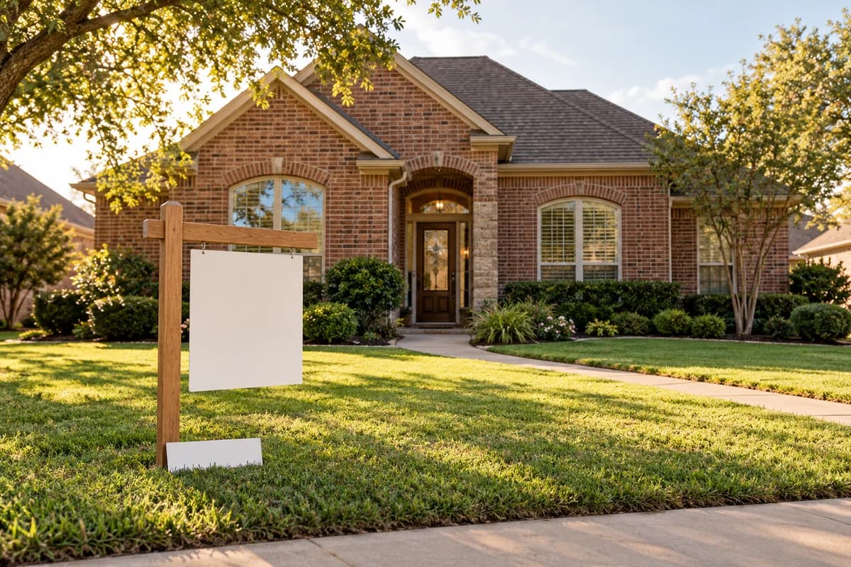 Fictional North Texas brick home with an unbranded sign and a blank rider set aside in the yard.
