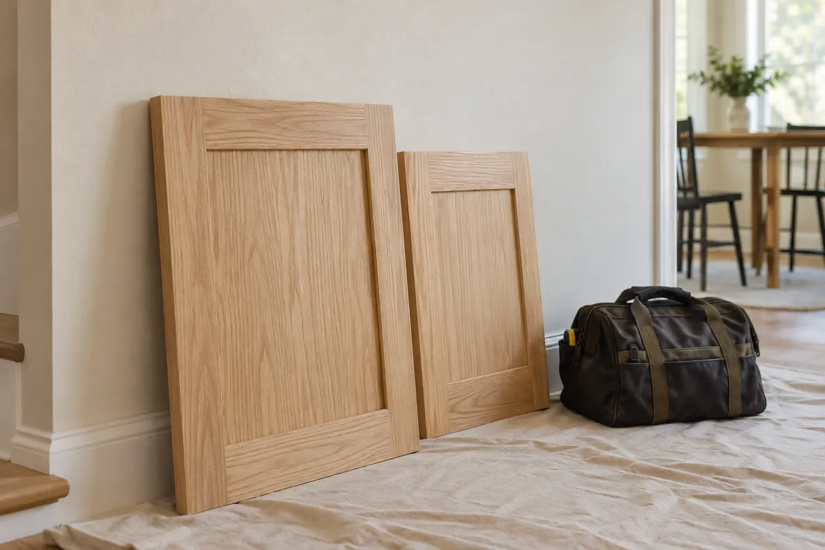 Two unfinished oak cabinet doors and a closed dark tool bag on a protective cloth in a sunlit room