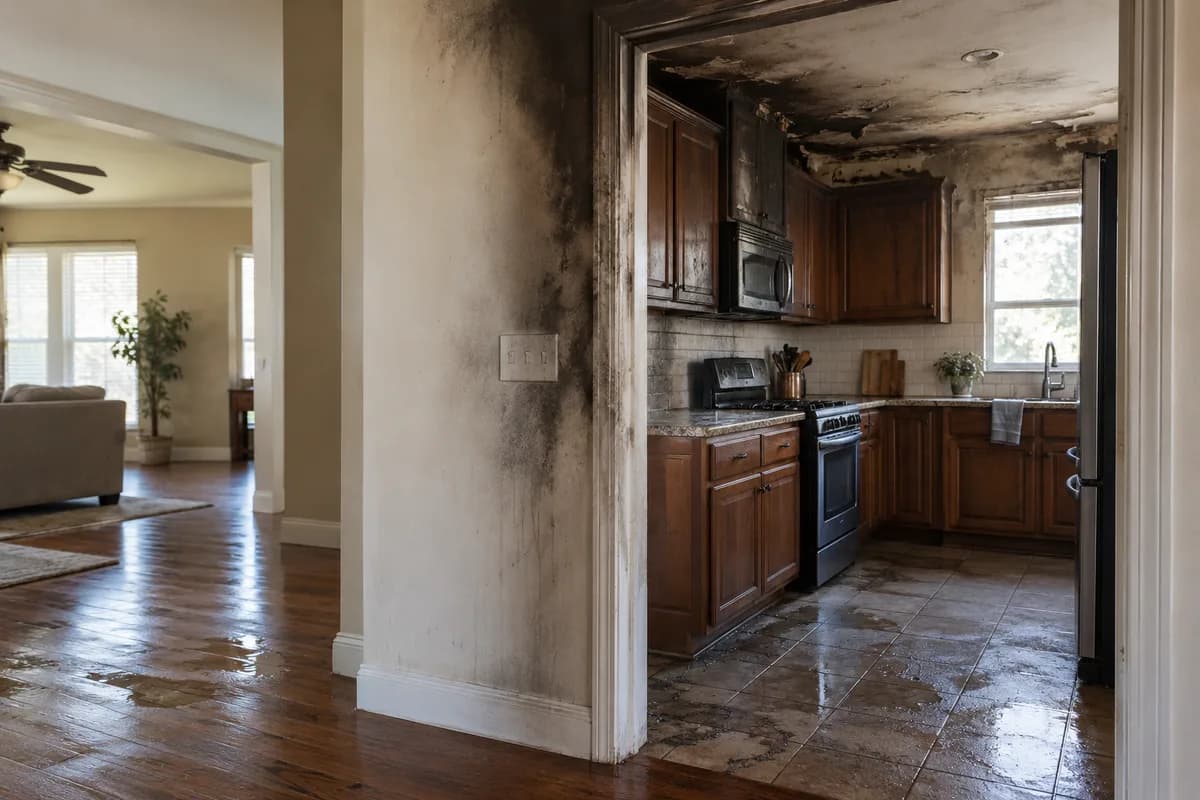 Interior of a North Texas home showing smoke and water damage after a fire