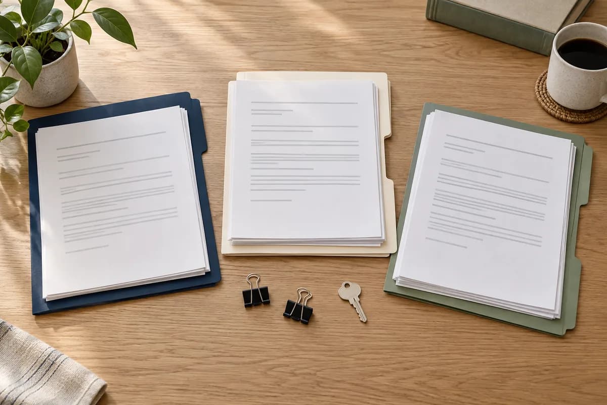 Three document folders with papers, binder clips and a house key on a wooden table