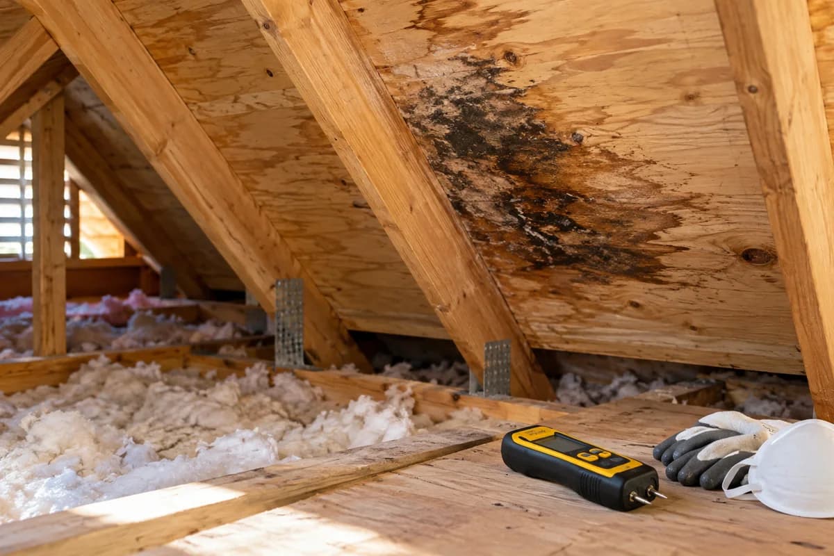 Attic moisture and mold condition in a North Texas home
