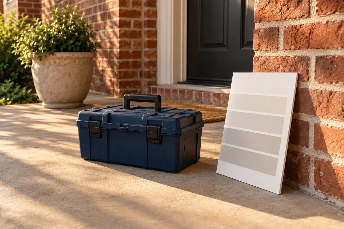 Fictional Dallas-area brick house with a plain tool case on the front porch before a home repair decision.