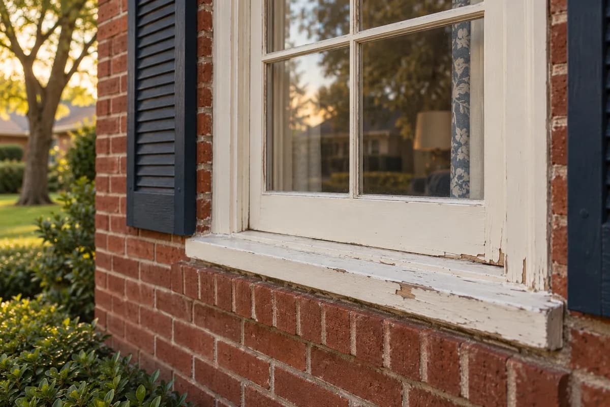 Aged ivory-painted wooden window trim on a red-brick home with dark shutters and a green yard