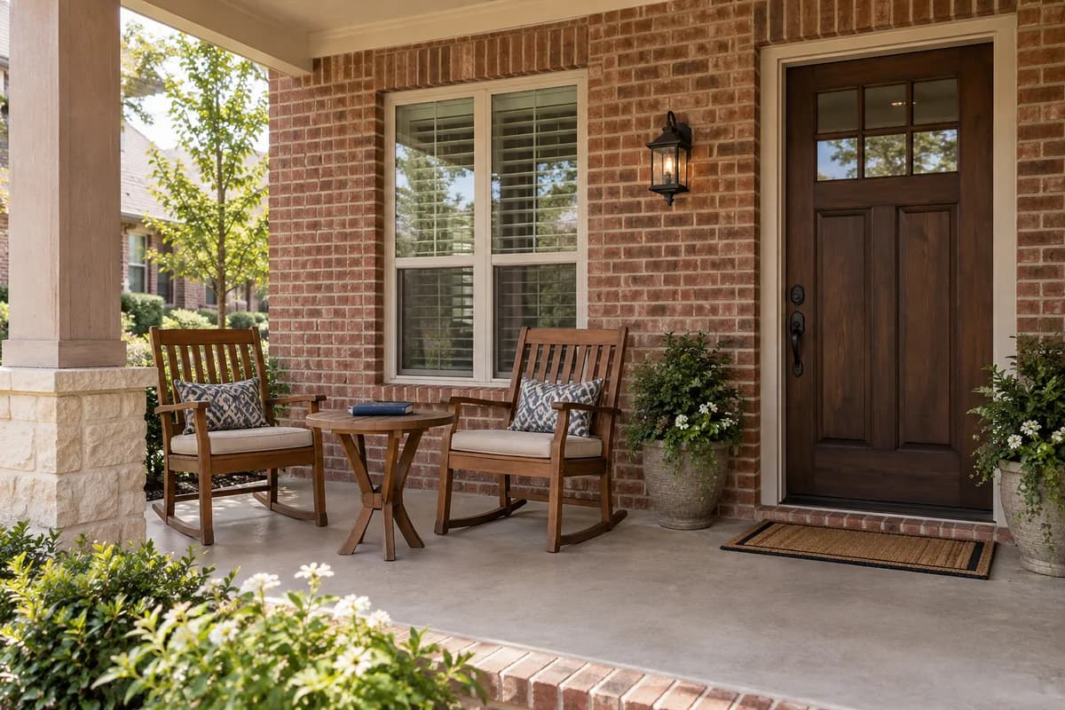 Two empty wooden chairs and a small table with a closed navy folio on a covered brick-home porch