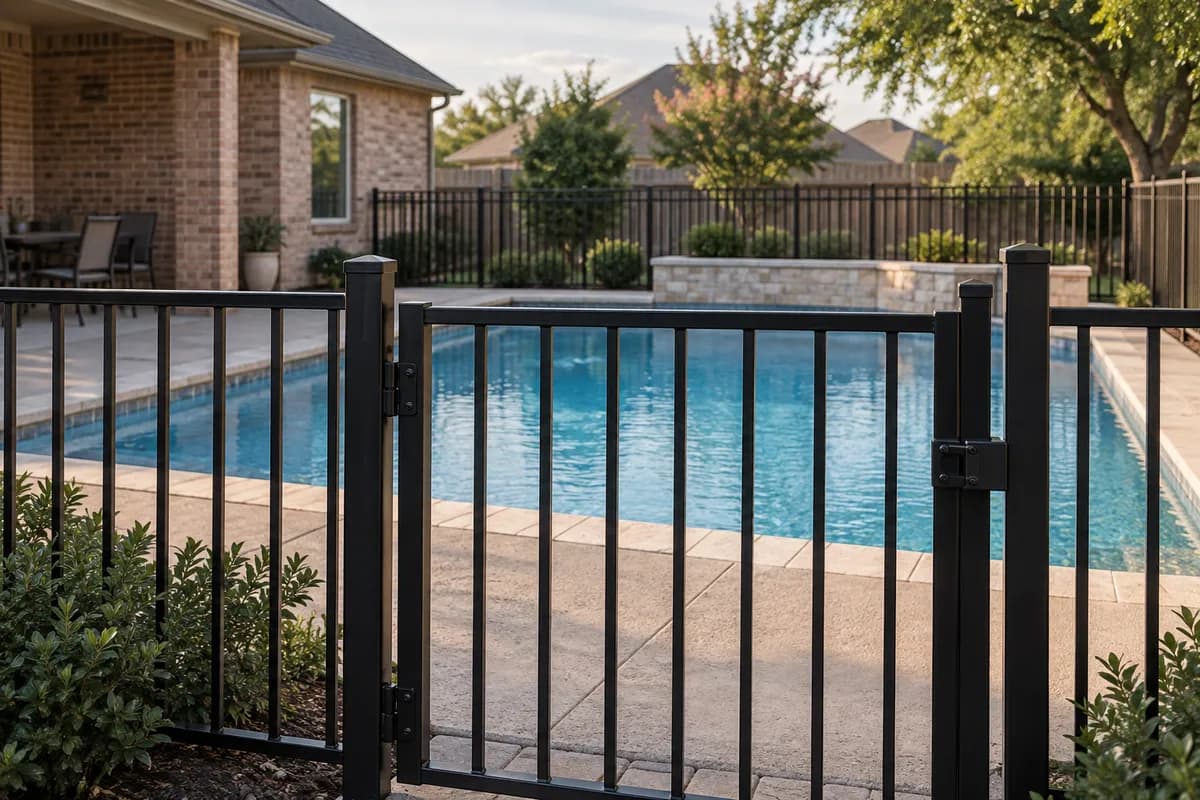 Closed black metal gate in front of blue pool water and pale coping beside a brick home
