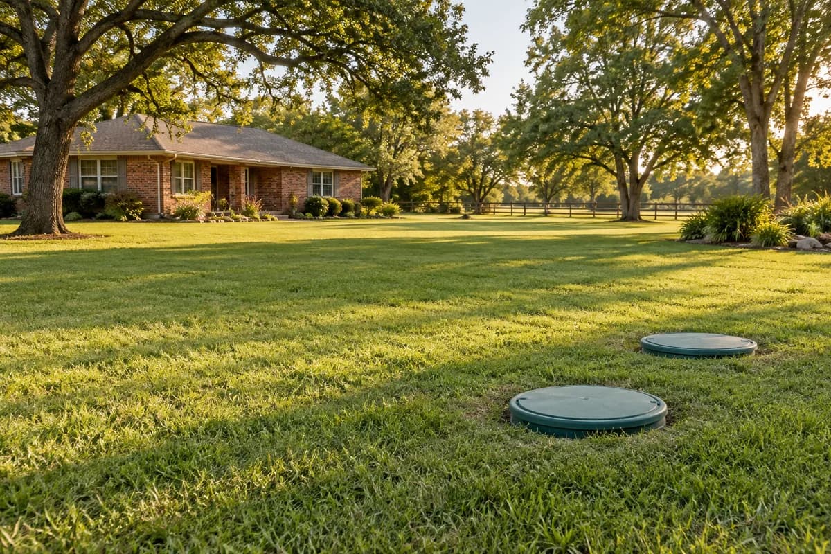 Two closed green access covers in a sunlit lawn beside a modest brick home and mature trees