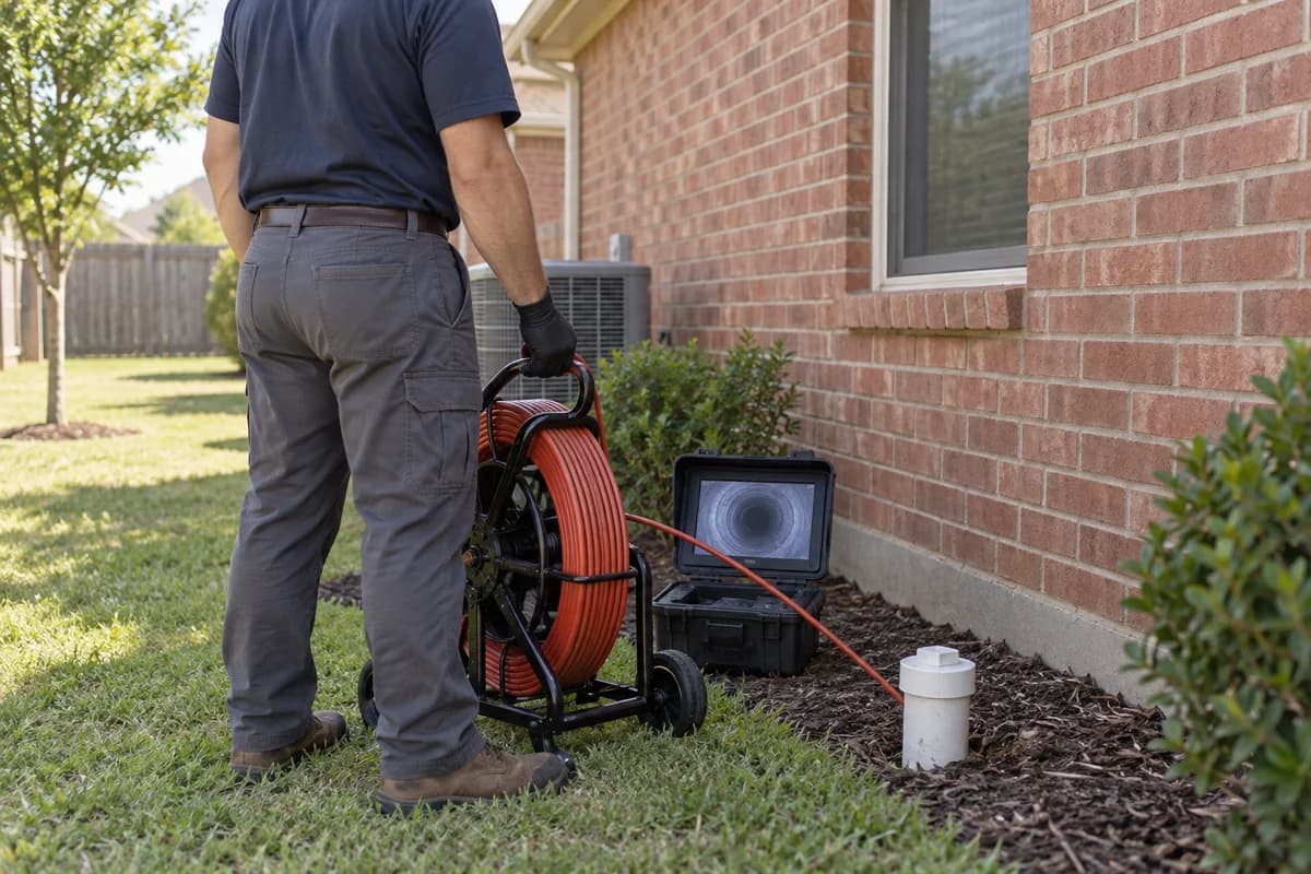 Plumber's sewer camera equipment beside an outdoor sewer cleanout at a North Texas home.