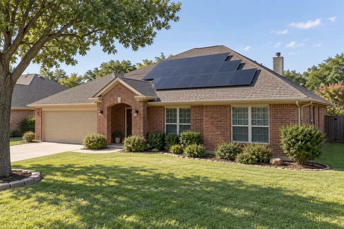 Rooftop solar panels on a one-story red-brick home with a green lawn