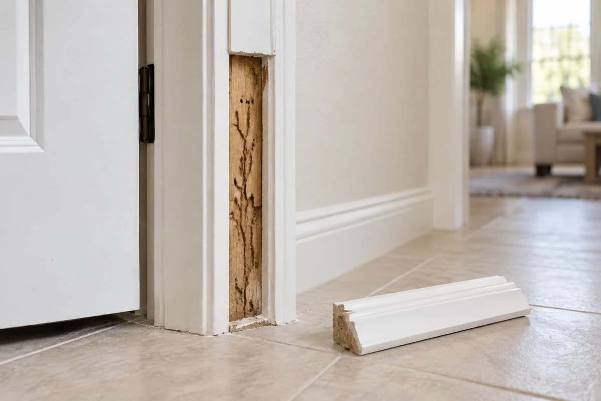 Exposed wood with insect-like galleries beside removed doorway trim in a sunlit room