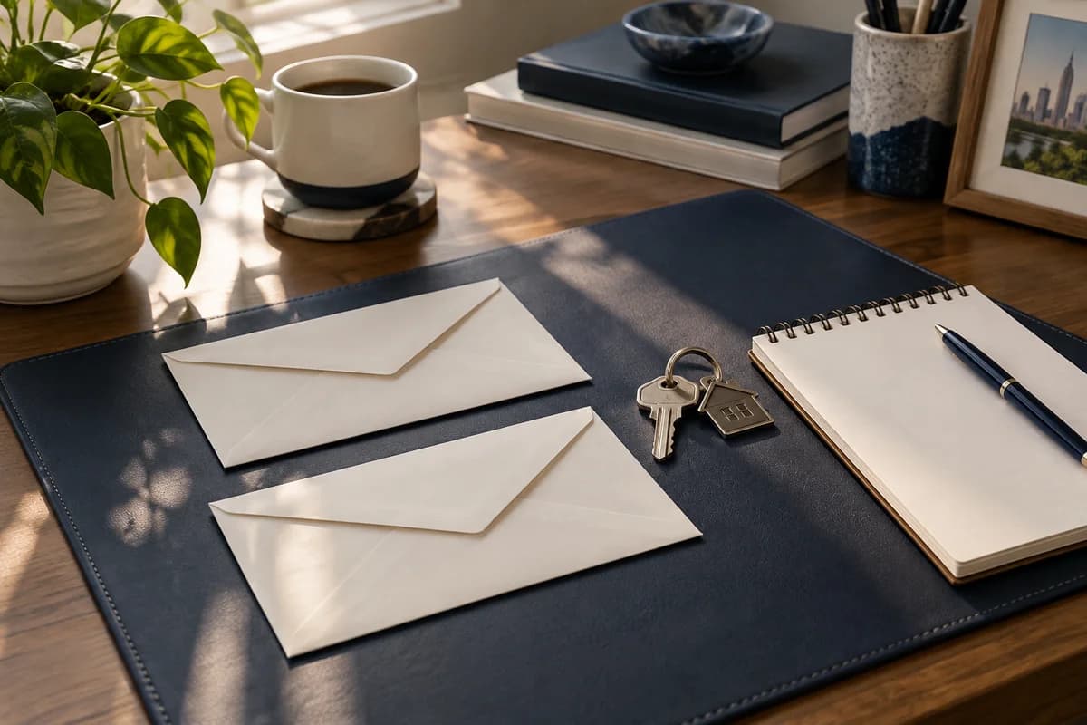 Two plain envelopes and house keys on a desk, representing two home loans before a sale.